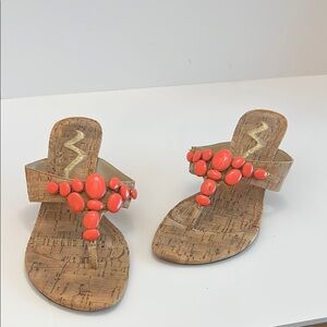 Nina Coral Stones Cork Kitten Heel Sandals Size 7 1/2